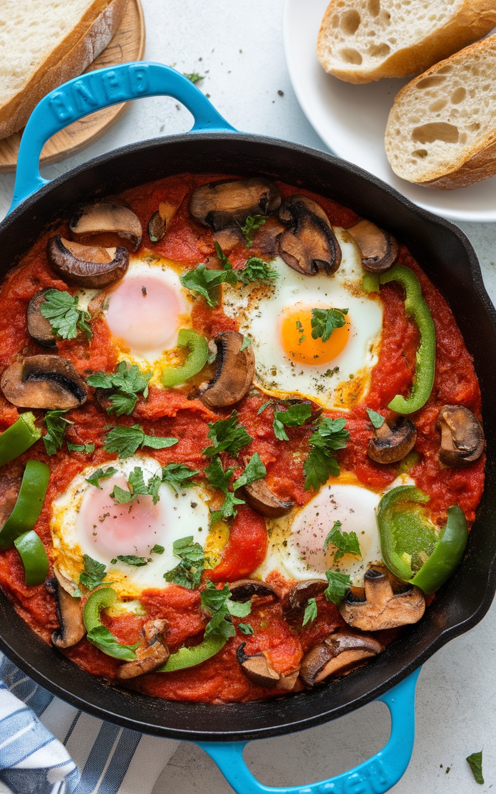 A delicious Mushroom and Green Pepper Shakshuka with poached eggs in tomato sauce, garnished with parsley and served with bread.
